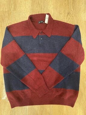 GAP Men's Zip-Up Polo Sweater in Burgundy and Navy Stripe